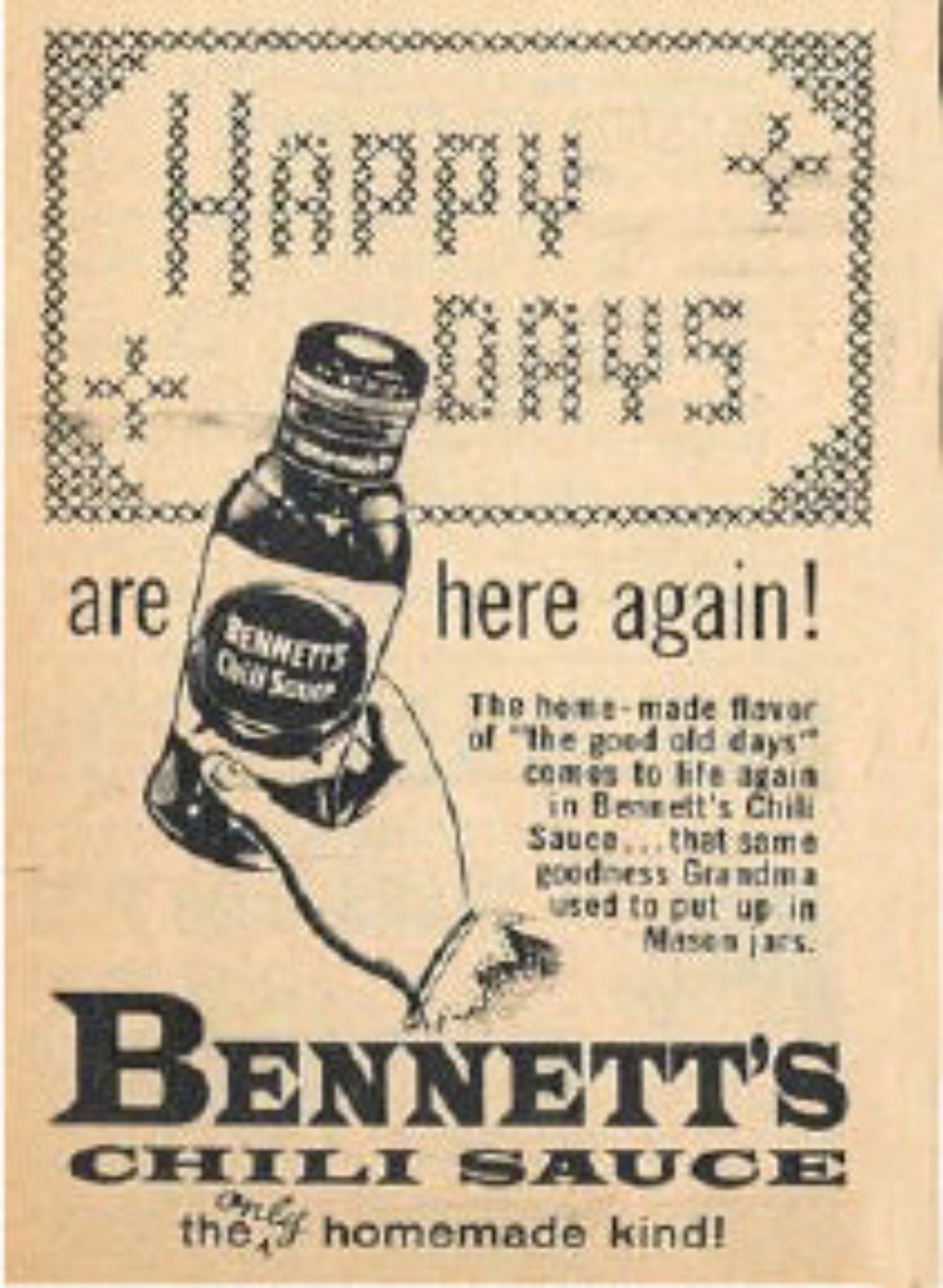 Vintage advertisement for Bennett's Chili Sauce with a bottle illustration and text.