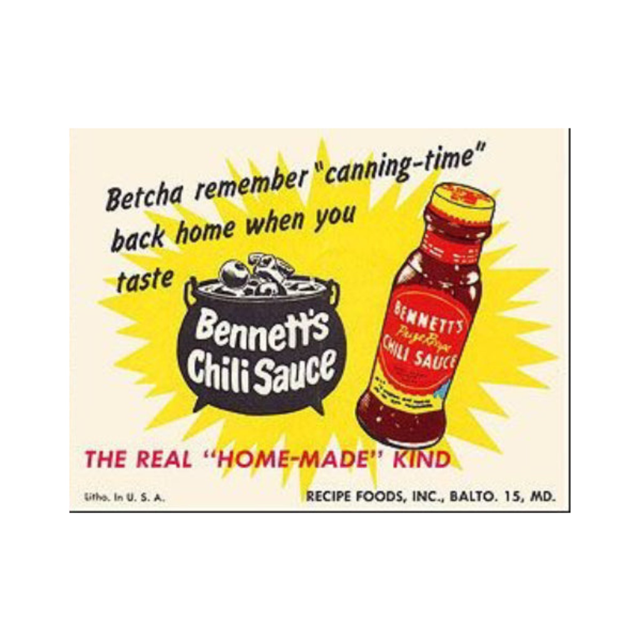 Vintage advertisement for Bennett's Chili Sauce with a bottle and pot illustration on a yellow background.