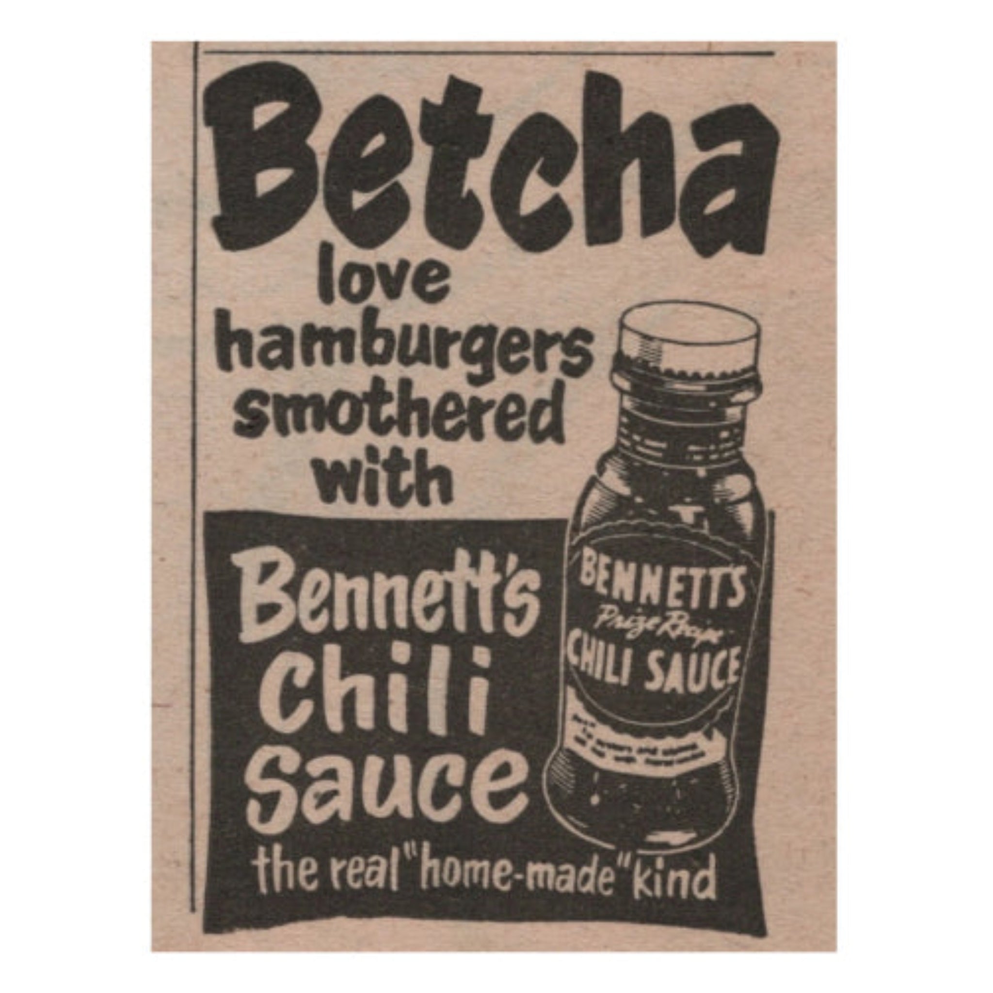 Advertisement for Bennett's Chili Sauce on a brown background