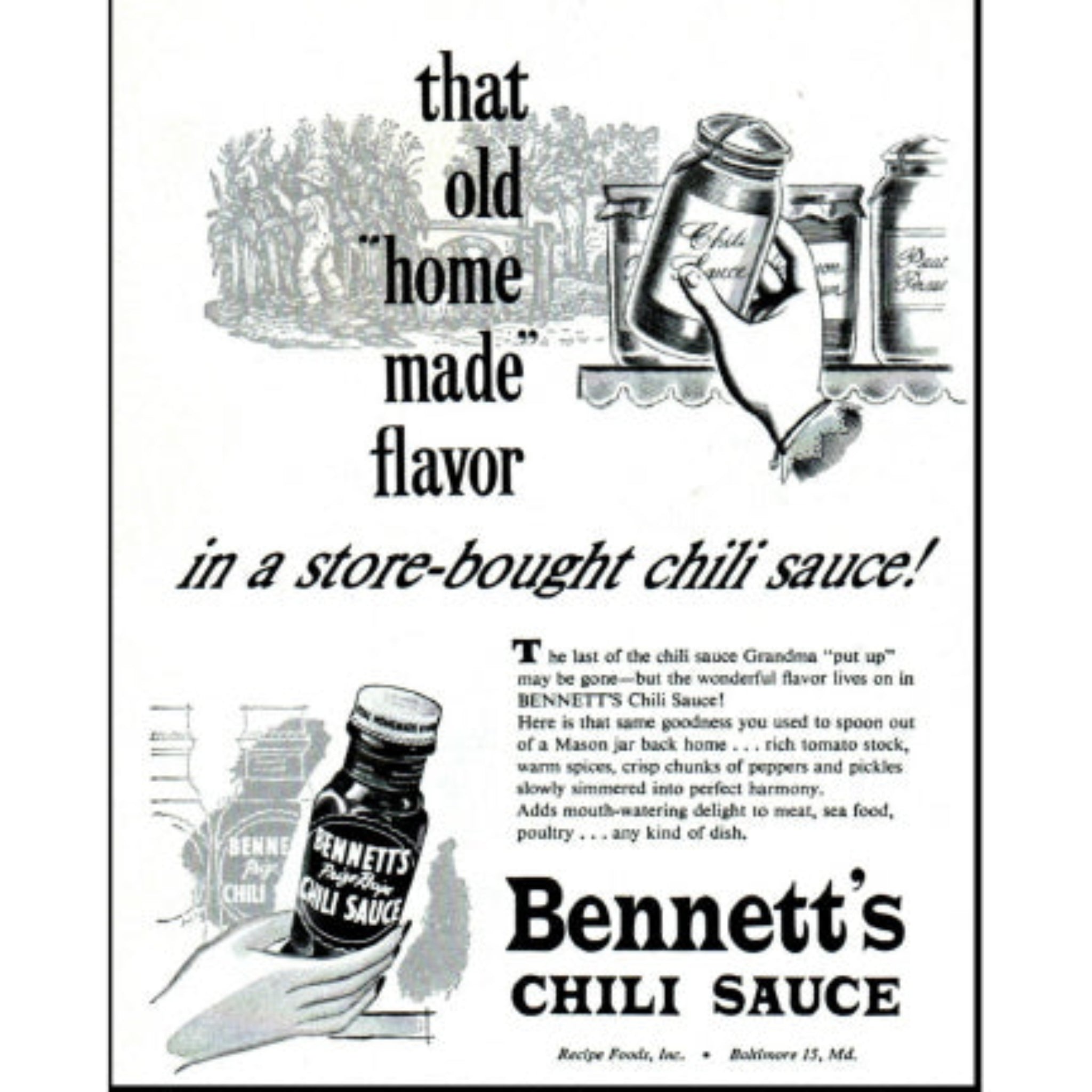 Black and white advertisement for Bennett's Chili Sauce with text and product illustration.